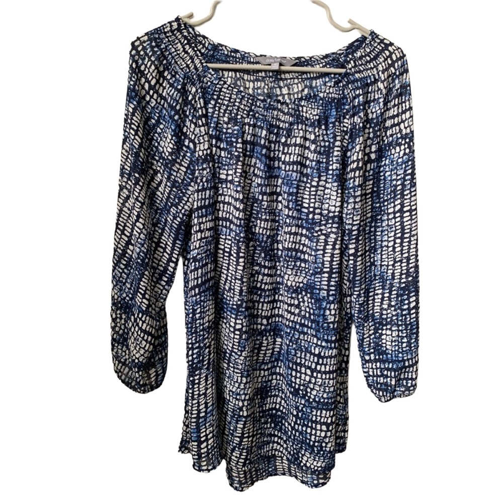DAISY FUENTES Women’s White Blue Black  Print 3/4 Elastic Sleeve Blouse